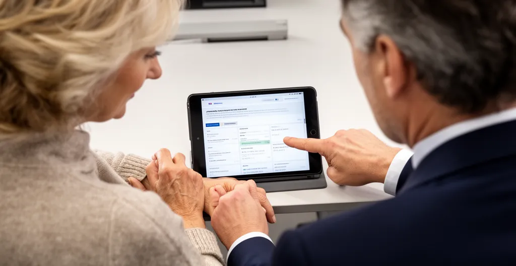 Couple consultant un conseiller en assurance avec une tablette, discussion sur les garanties