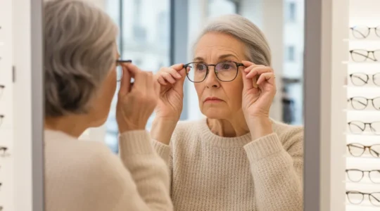 Femme essayant des lunettes chez un opticien moderne, expression de réflexion