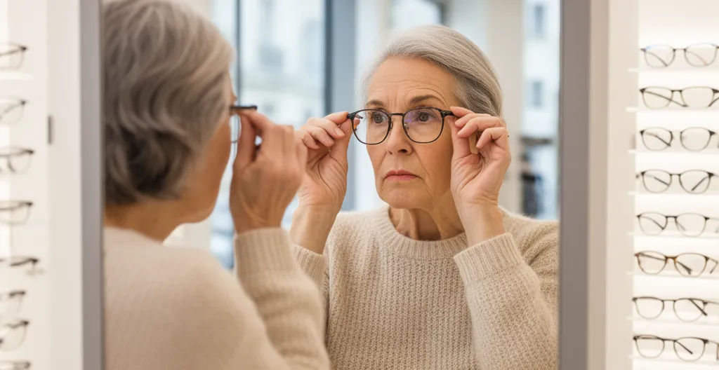 Femme essayant des lunettes chez un opticien moderne, expression de réflexion