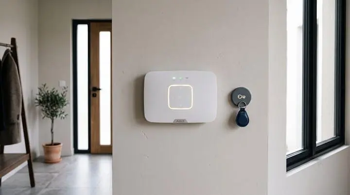Centrale d'alarme sans fil blanche avec clavier tactile et badge RFID installée sur un mur dans un hall d'entrée résidentiel contemporain français
