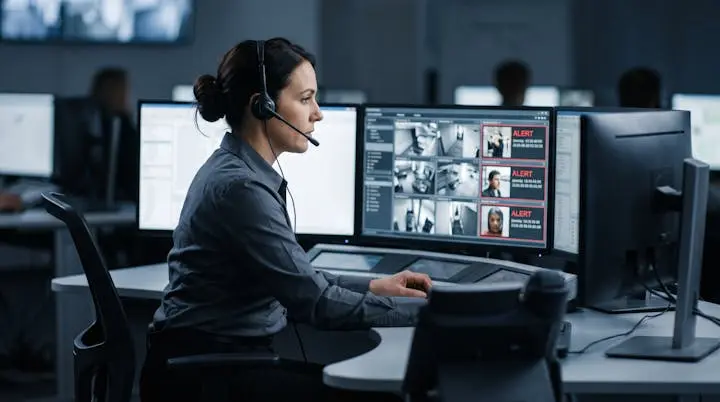 Opératrice de télésurveillance concentrée devant console multi-écrans analysant des alertes photo dans un centre de contrôle professionnel