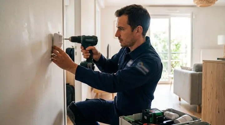 Technicien installant un détecteur de mouvement blanc au mur d'un salon résidentiel contemporain avec visseuse sans fil